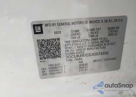 2018 Chevrolet Silverado 1500 2Lt z USA, uszkodzony, nr VIN 3GCUKREC3JG571031